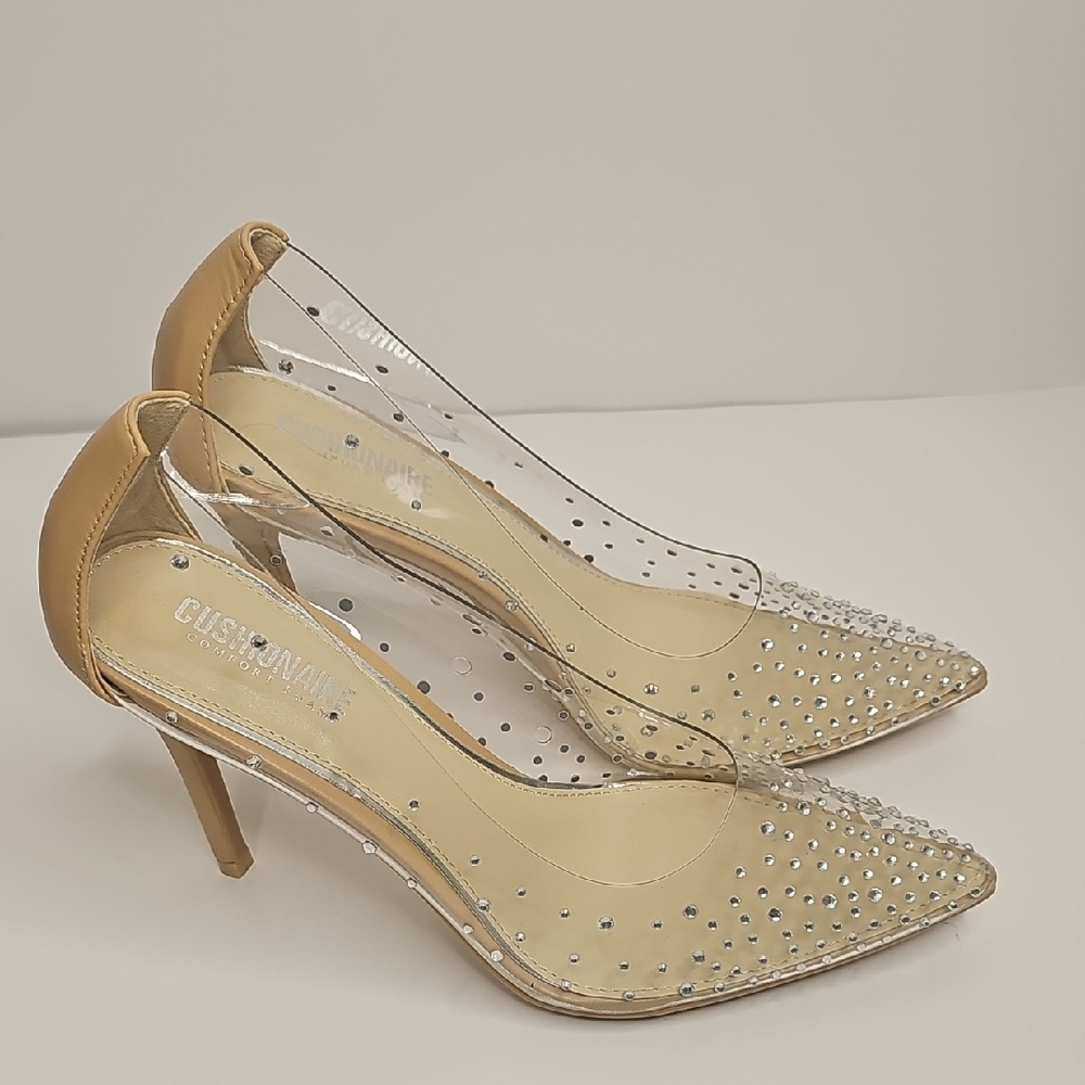 Cushionaire Women's Tan and Clear Studded Heels Size 8.5